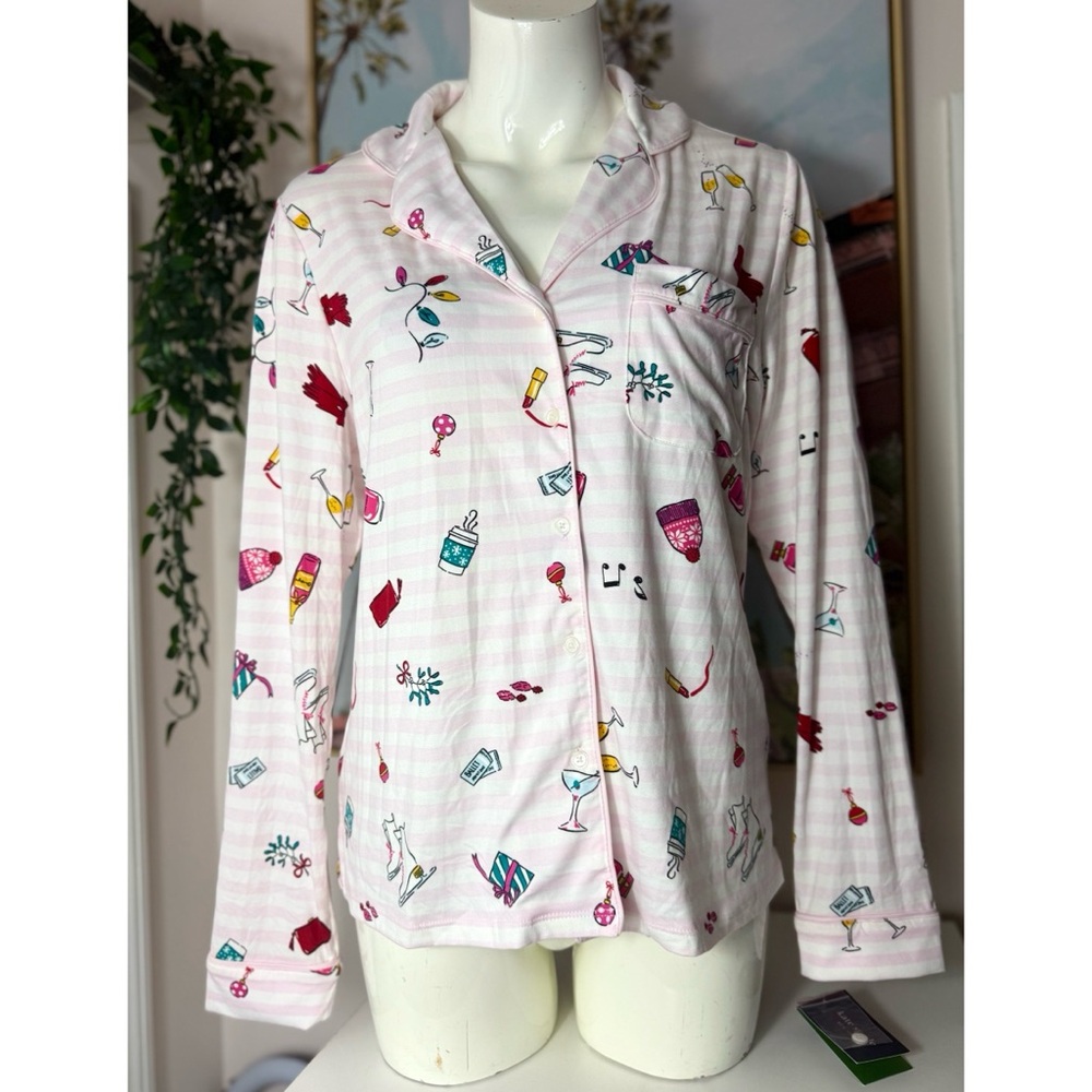 Kate Spade Holiday Cheer Pink White Stripe Button Front PJ Top Size Small